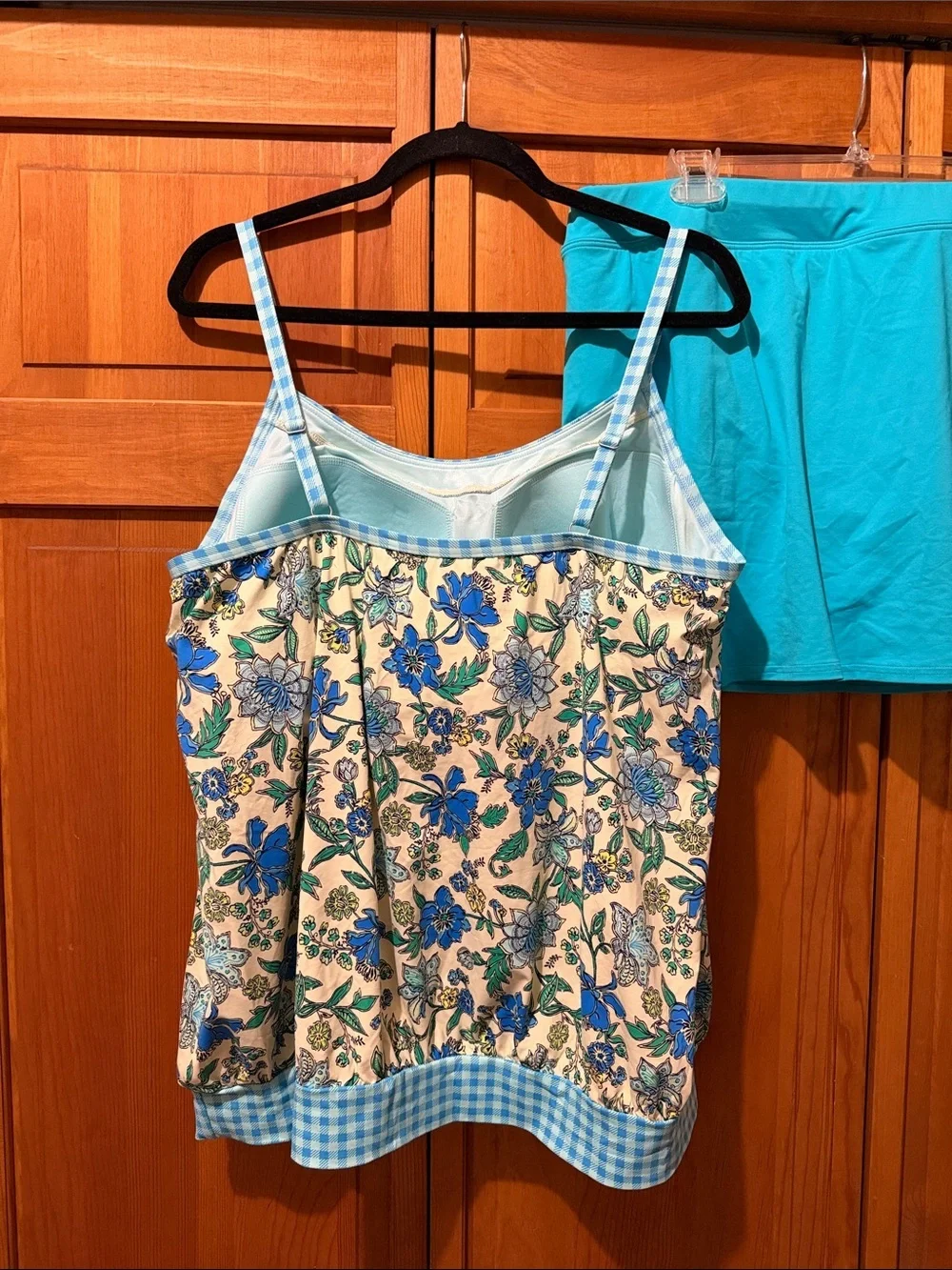 NWT Lands' End Floral Gingham Blouson Tankini Top and Swim Skort